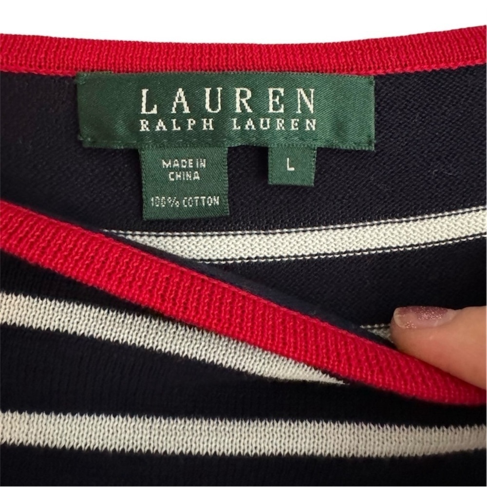 Lauren Ralph Lauren Striped Cotton Knit Top Navy White Nautical Shirt Size Large - Picture 2 of 7